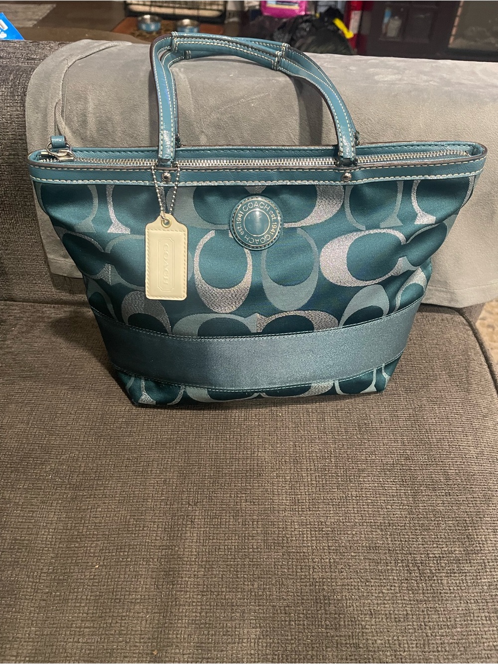 Coach Teal Signature Logo Tote with callouts pictured